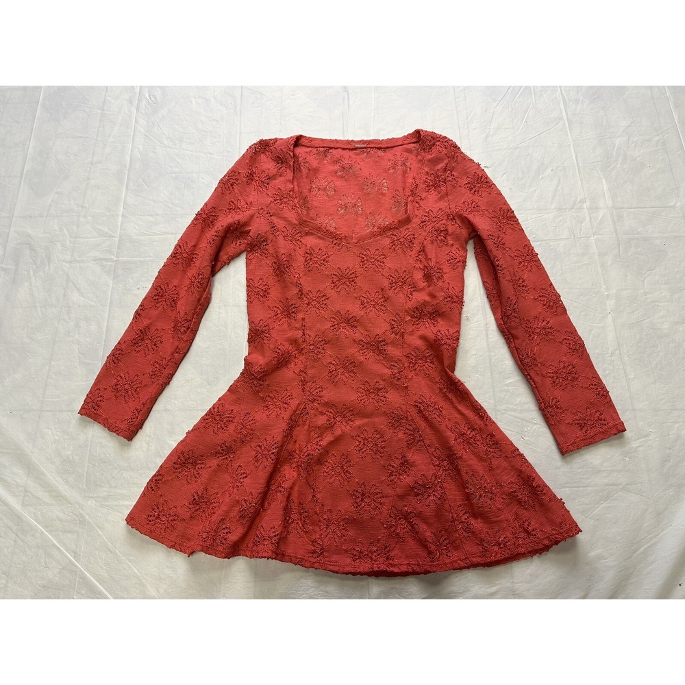 Free People Godet Lace Floral Eyelet 3/4 Sleeve Peplum Tunic Top - XS